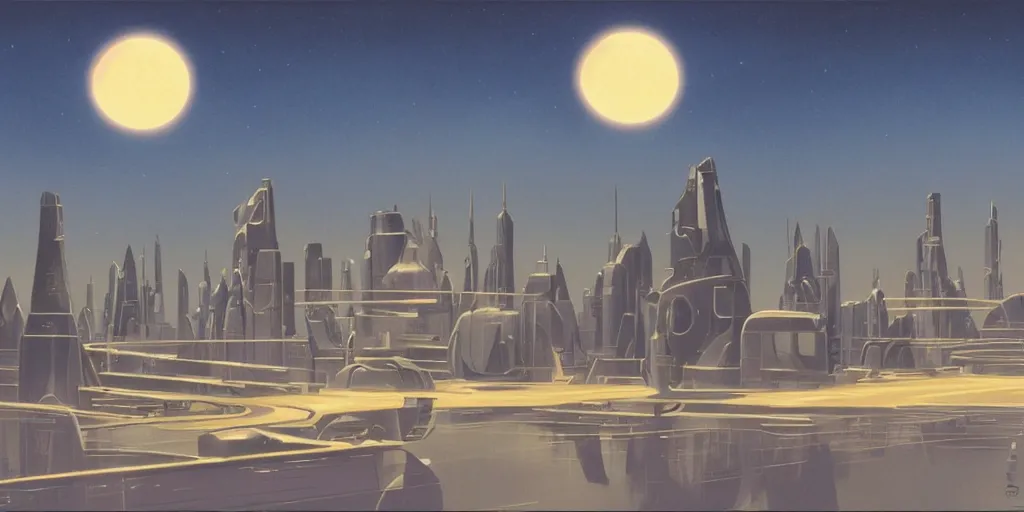 Prompt: futuristic skyline, two moons, Ralph McQuarrie