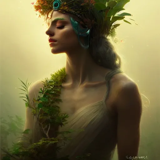 Image similar to a beautiful portrait of a plant goddess with closed eyes by Greg Rutkowski and Raymond Swanland, Trending on Artstation, ultra realistic digital art