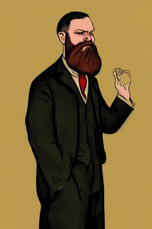 Image similar to an illustration of a portrait of a respectable dignified 1 9 3 0's era mennonite preacher with kind eyes and trimmed red beard and conservative haircut in the style of art - deco artwork art by kyle ferrin and loish!, digital art, highly detailed, intricate, sharp focus, trending on artstation hq, deviantart, 4 k uhd image