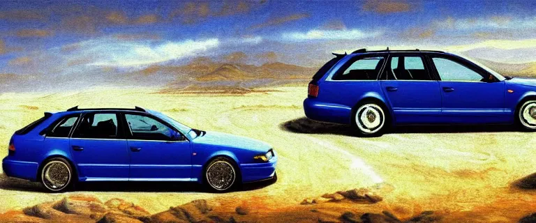 Image similar to Denim Blue Audi A4 B6 Avant (2002), Hell and Heaven landscape painting in the style of 19th century Hudson River School art