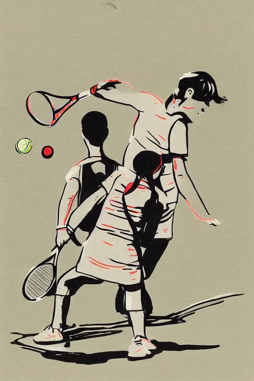 Image similar to an illustration of a tennis match by Marcel Dzama, Oliver Jeffers, and Edward Hopper. Screen Printed. Paper texture