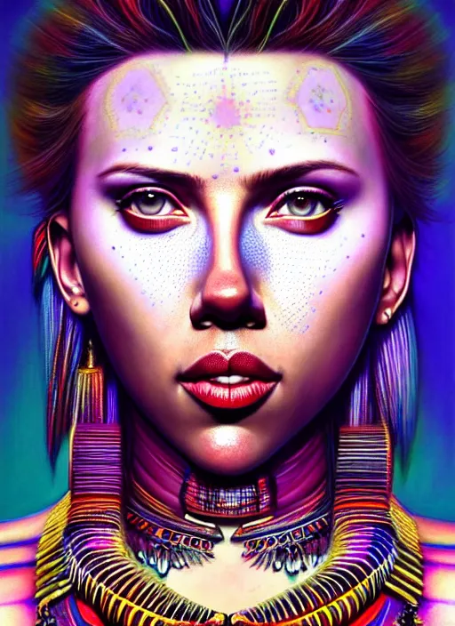 Image similar to portrait of scarlett johansson, hyper detailed ultra sharp aztec shaman warrior. trending on artstation, warpaint aesthetic, bloodwave, colorful, psychedelic, ornate, intricate, digital painting, concept art, smooth, sharp focus, illustration, art by artgerm and greg rutkowski and h. r. giger, 8 k