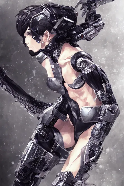 Prompt: cyborg in action, 3d, third person, sci-fi fantasy, intricate, elegant, highly detailed, lifelike, photorealistic, digital painting, artstation, illustration, concept art, sharp focus, art in the style of Shigenori Soejima