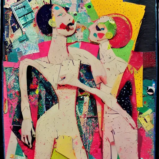 Image similar to two women kissing at a recursive carnival, mixed media collage, retro, paper collage, magazine collage, acrylic paint splatters, bauhaus, claymation, layered paper art, sapphic visual poetry expressing the utmost of desires by jackson pollock