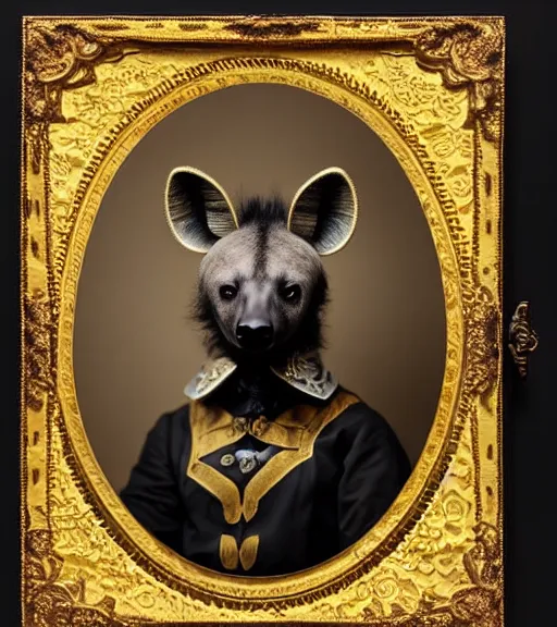 Image similar to professional studio photo portrait of anthro anthropomorphic spotted hyena head animal person fursona smug smiling wearing elaborate pompous royal king robes clothes gold frame by Louis Daguerre daguerreotype tintype