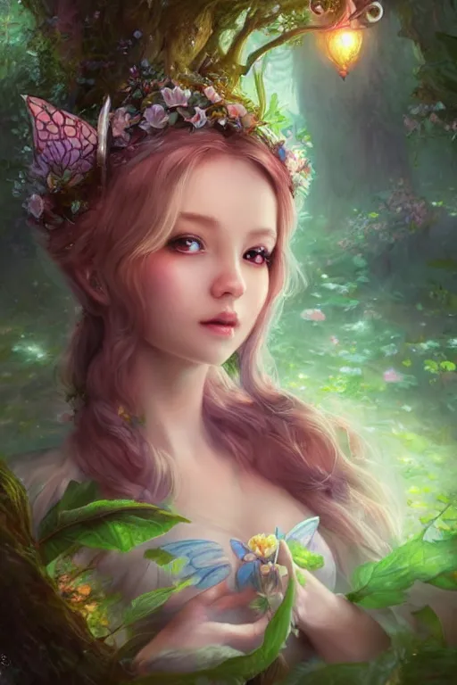 Image similar to a cute fairy in the dreamy forest, fantasy, 8 k resolution, hyper detailed, d & d, character design, digital painting, trending on artstation, sharp focus, illustration, art by artgerm, steve zheng, fuji choko, viktoria gavrilenko, hoang lap