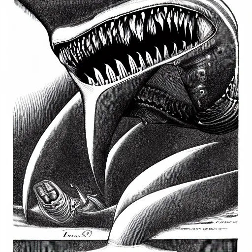 Image similar to giger illustration of a shark, Alien mouth