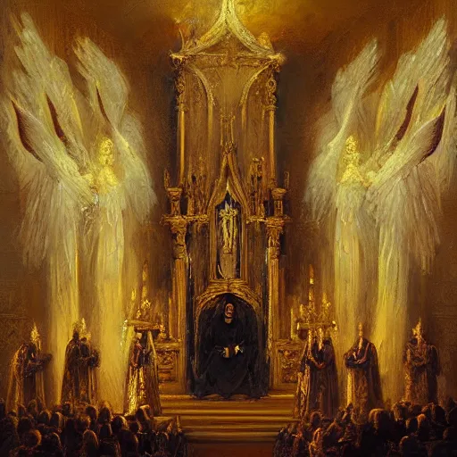 Prompt: ornate painting of a Catholic Priest in flowing golden vestments elevating the host over the alter, a portal to the sky opening behind him as a host of angels descend upon the pews, by Jeremy Mann and Jason Jenicke, detailed, realistic, loose brush strokes, intricate, beautiful, stylized, dramatic, incredible, sense of scale