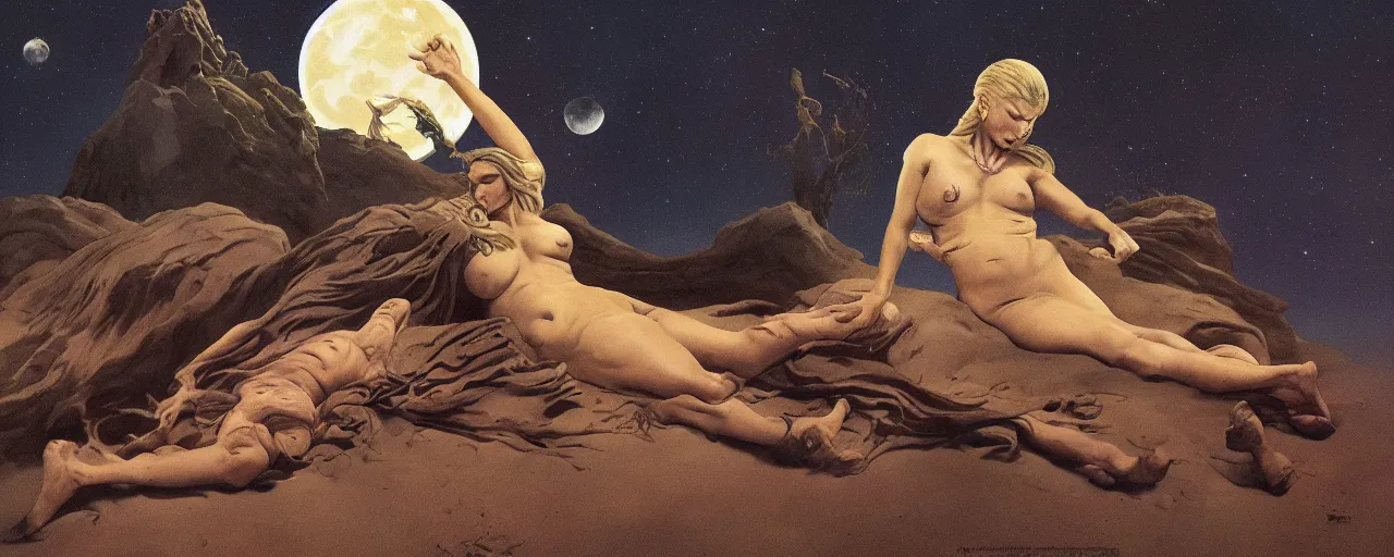 Prompt: sleep of wise old beautiful woman Desert Spirit, under unresolved moon illusion, in the style of Frank Frazetta, Jeff Easley, Caravaggio, extremely clear and coherent, clear lines, 8K revolution