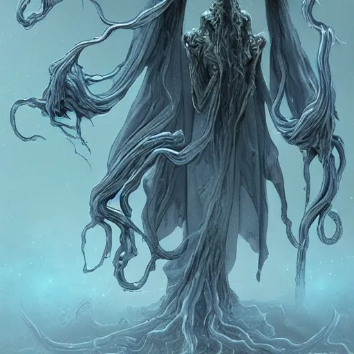 Image similar to concept designs for an ethereal ghostly wraith like figure made from wispy billowing smoke and sparks of electricity with a squid like parasite latched onto its head and long tentacle arms that flow lazily but gracefully at its sides like a cloak while it floats around a frozen rocky tundra in the snow searching for lost souls and that hides amongst the shadows in the trees, this character has hydrokinesis and electrokinesis for the resident evil village video game franchise with inspiration from bioshock the game franchise and Bloodborne and the mind flayer from stranger things on netflix in the style of a marvel comic