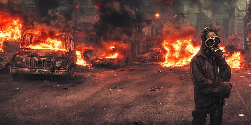 Image similar to post - apocalyptic city streets, close - up shot of an anarchist with a gasmask, burning cars, explosions, acid color smoke, hyperrealistic, gritty, damaged, urban photography, photorealistic, high details