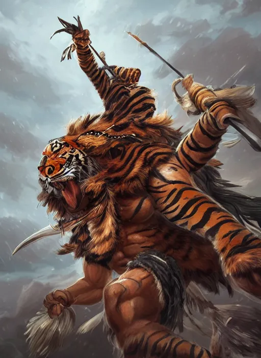 Image similar to a highly detailed illustration of a fierce tribal warrior wearing a tiger mane hat, heroically screaming into the sky pose, muscular, intricate, elegant, highly detailed, centered, digital painting, artstation, concept art, smooth, sharp focus, league of legends concept art, WLOP