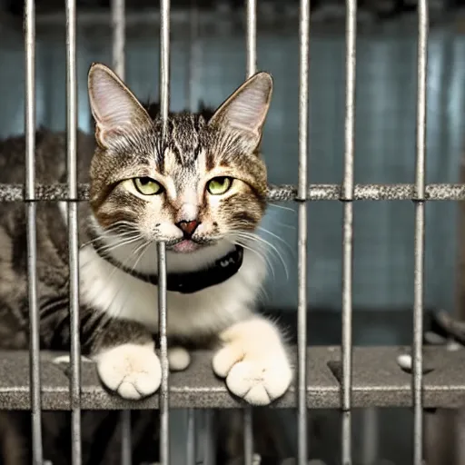 Prompt: cat in an american prison cell, sad face, handcuffed