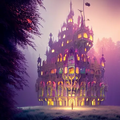 Image similar to iridescent opalescent living forest kingdom castle, warm tones, translucent, : by michal karcz, daniel merriam, victo ngai and guillermo del toro : ornate, dynamic, particulate, intricate, elegant, highly detailed, centered, artstation, smooth, sharp focus, octane render