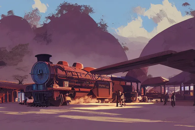 Image similar to idyllic old western train station illustration by syd mead artstation 4 k graphic novel concept art matte painting