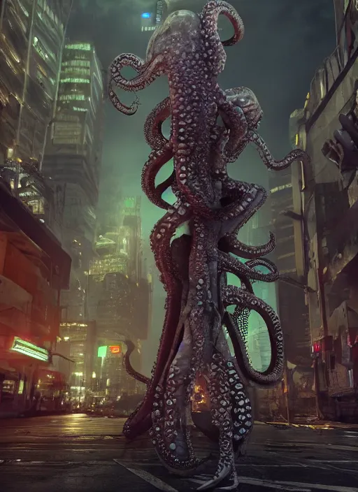 Image similar to hyperrealism, detailed textures, photorealistic 3 d cyberpunk octopus queen in apocalyptic city, futuristic clothing and helmet, ultra realistic, cinematic, intricate, low light, unreal engine 8 k