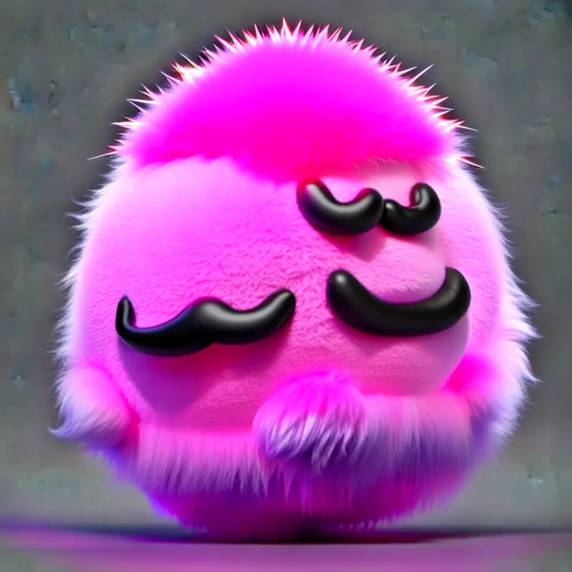 Image similar to high quality 3 d render hyperrealistic very cute big spherical creature, mustache, plush mascot, short spiky dense fluffy smooth hair, isometric 3 d, psychedelic lighting pink fluffy fur 1 cm long, 1 5 0 mm, smooth background, artstation, ultra detailed, elegant, ultra detailed, octane render