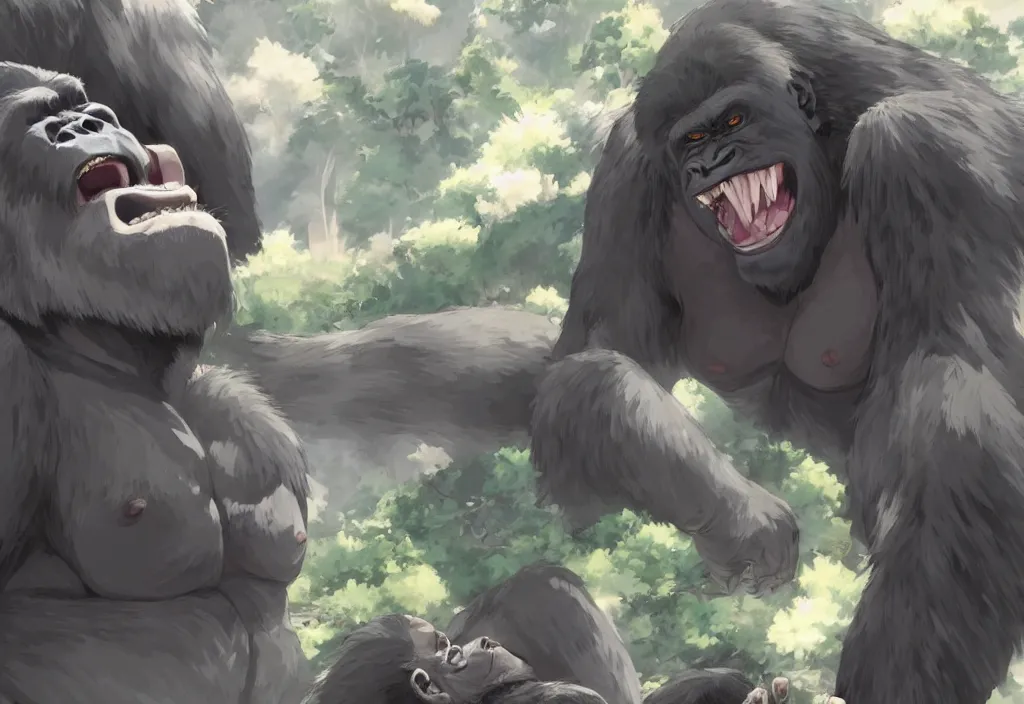 Image similar to a gigantic silverback gorilla beating its chest, by Makoto Shinkai, beautiful