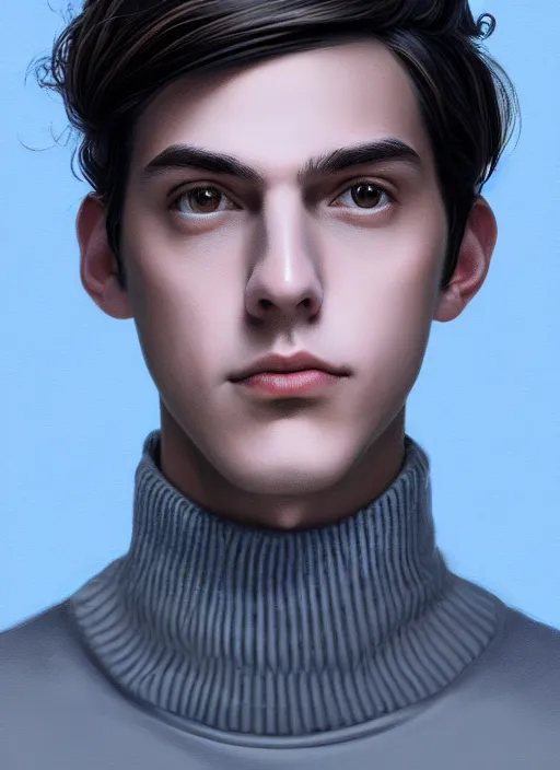 Image similar to portrait of teenage jughead jones wearing a light grey crown, crown, blue turtleneck, closed eyes, photorealistic, black hair, glowing lighting, intricate, elegant, glowing lights, highly detailed, digital painting, artstation, concept art, smooth, sharp focus, illustration, art by wlop, mars ravelo and greg rutkowski