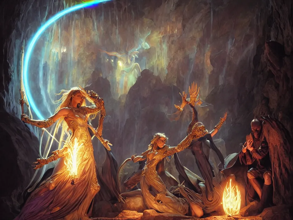 Image similar to painting of powerful stylish sorcerer and a cleric banishing demons in a dark cave with a rainbow spell, ultra realistic, concept art, intricate details, eerie, highly detailed, photorealistic, octane render, 8 k, unreal engine. art by artgerm and greg rutkowski and magali villeneuve and alphonse mucha