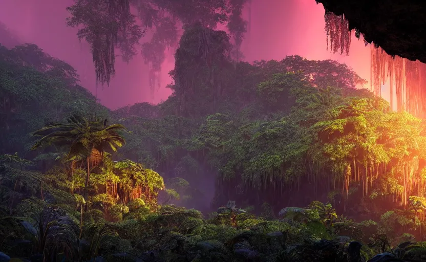 Image similar to a beautiful render of a dark prehistoric rainforest in a humongous cave, lush flora, patches of yellowish - red - magenta sky, sunset lighting, fireflies, floating mountains and a waterfall in the background, intricate detail, hazy, humid, volumetric lighting, god rays, 8 k, photorealistic, raytracing effects, unreal engine 5