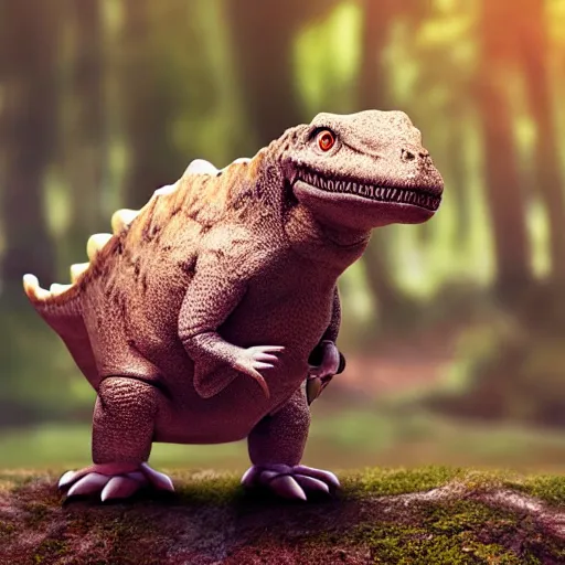 Image similar to a cute little dinosaur with long fur, portrait, pixar style, forest background, cinematic lighting, award winning creature portrait photography