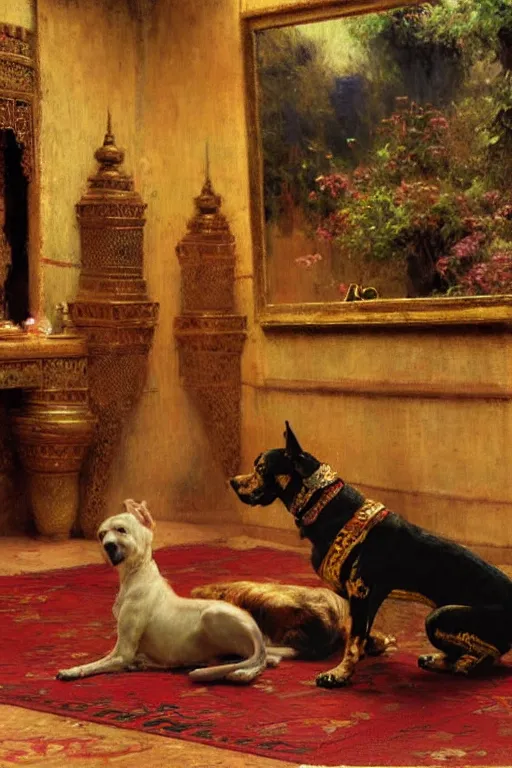 Image similar to A dog sitting in an asian palace, painting by Gaston Bussiere, Craig Mullins