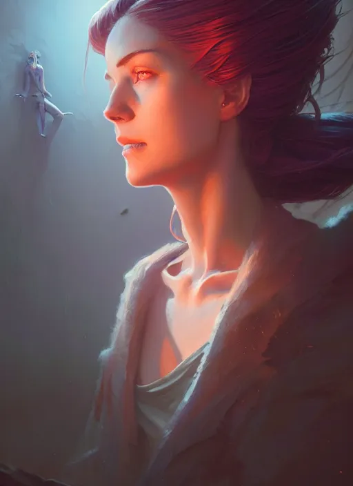 Image similar to Highly detailed necrotic portrait of a woman, Stephen Bliss, unreal engine, fantasy art by Greg Rutkowski, Loish, Rhads, Makoto Shinkai and Lois van baarle, ilya kuvshinov, rossdraws, Tom Bagshaw, global illumination, radiant light, detailed and intricate environment