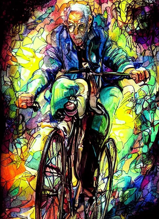 Image similar to portrait, Albert Hofmann on his first bicycle ride on lsd, Using Stable Diffusion to paint, watercolor, dramatic lighting, cinematic establishing shot, extremly high detail, foto realistic, cinematic lighting, pen and ink, intricate line drawings, by Yoshitaka Amano, Ruan Jia, Kentaro Miura, Artgerm, post processed, concept art, artstation, matte painting, style by eddie mendoza, raphael lacoste, alex ross