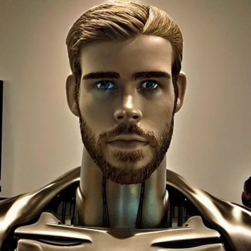 Image similar to “ a realistic detailed photo of a guy who is an attractive humanoid who is half robot and half humanoid, who is a male android, actor liam hemsworth, shiny skin, posing like a statue, blank stare, at the museum, on display ”