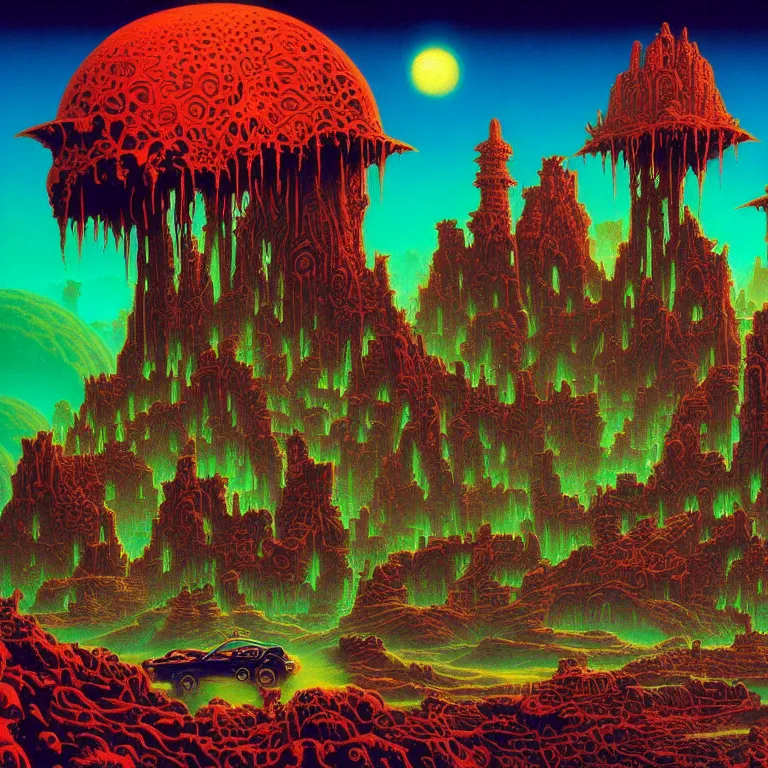 Image similar to mysterious skull castles in infinite circuit board valley, synthwave, fractal waves, bright neon colors, highly detailed, cinematic, tim white, roger dean, michael whelan, caza, bob eggleton, philippe druillet, vladimir kush, kubrick, alfred kelsner, vallejo