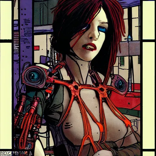 Image similar to redhead female cyberpunk, wires cables skulls, machines, in the style of john william waterhouse, and michael w kaluta, 4 k photo autochrome