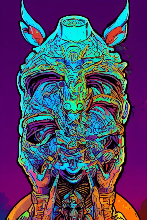 Image similar to animal mask totem roots flower tribal feather gemstone plant wood rock shaman vodoo video game vector cutout illustration vivid multicolor borderlands comics by josan gonzales and dan mumford radiating a glowing aura