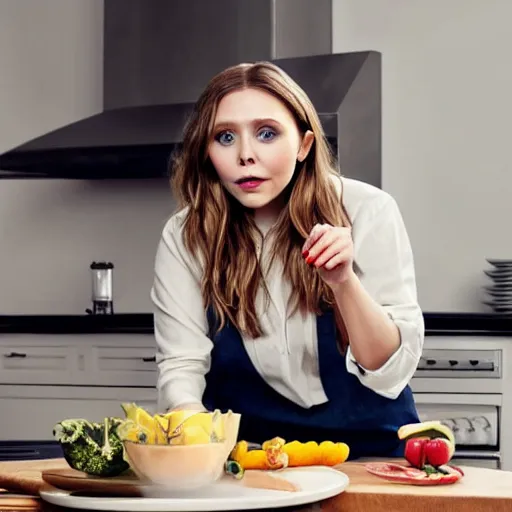 Image similar to elizabeth olsen cooking in kitchen, highly detailed, photorealistic portrait, bright studio setting, studio lighting, crisp quality and light reflections, unreal engine 5 quality render