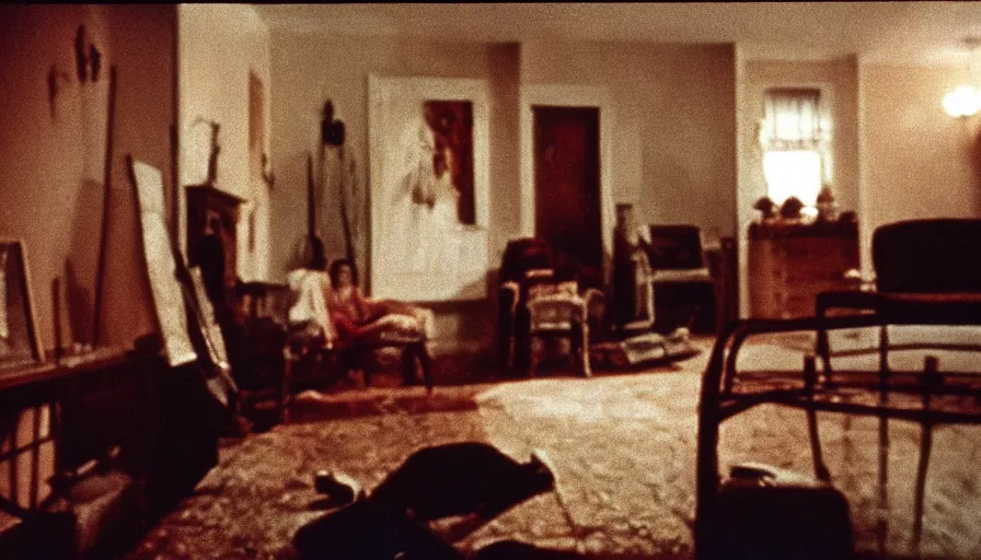 Image similar to 7 0 s film still from a horror movie about an exorcism in an old living room, kodachrome, cinecolor, cinestill, photorealism, cinematic, film grain, film texture, vhs recording