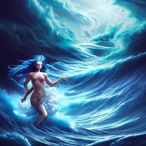Prompt: powerful goddess of water, fully clothed, dressed in swirling water striding through a stormy sea, highly detailed matte fantasy painting, stormy lighting, by ross tran, by artgerm, by lisa frank, by alena aenami, by peter mohrbacher