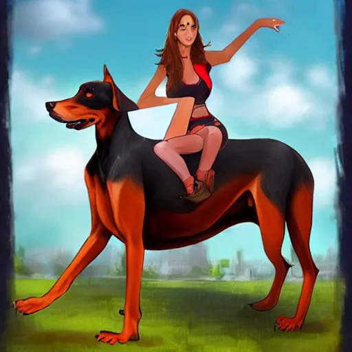 Image similar to girl riding a giant doberman at the park, trending on artstation