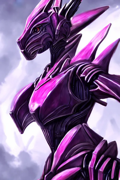 Image similar to cinematic bust shot, hyperdetailed elegant beautiful stunning giant robot mecha hot female goddess dragon, sharp spines, sharp metal ears, smooth purple eyes, smooth fuschia skin, smooth silver armor, nebula size, space, epic proportions, epic scale, warframe fanart, macro giantess, furry art, dragon art, goddess art, giantess art, furaffinity, octane