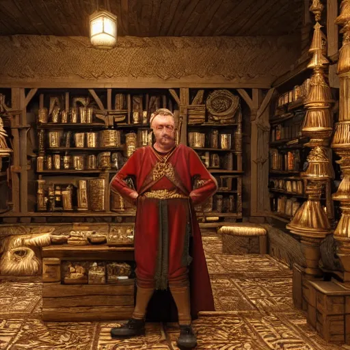 Prompt: full body portrait photo of Dennis hopper as a devious medieval lord in a giant medieval Shop, unreal engine, octane render, intricate details, 8k high definition, beauriful, ornate, hypermaximalistic