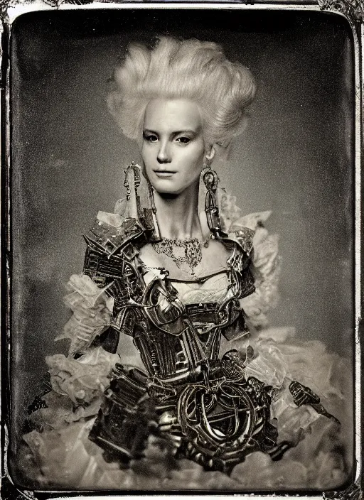 Image similar to old wetplate daguerreotype portrait of a futuristic silver armored marie antoinette cyborg, fractal, intricate, elegant, highly detailed, subsurface scattering, by jheronimus bosch and greg rutkowski and louis jacques mande daguerre