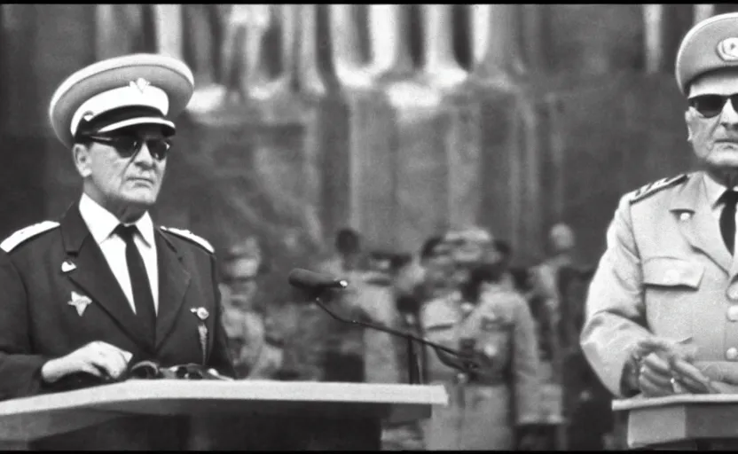 Prompt: 60s movie still of Josip Broz Tito with his general's cap delivering a speech at a magnificient sovietic congress with Lenin statues, by Irving Penn , kodakchrome, heavy grainy picture, very detailed, high quality, 4k, HD criterion, precise texture