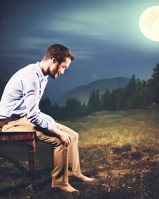 Image similar to handsome man playing a piano in the moonlight on a mountain, photorealistic, atmospheric 50mm lens