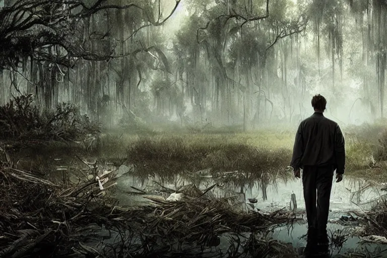 Image similar to scene from louisiana swamps, true detective, artwork 8 0 s japanese sci - fi books art