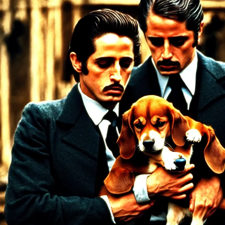 Image similar to man holding a dog photograph, the godfather film screencap, 1 9 7 2