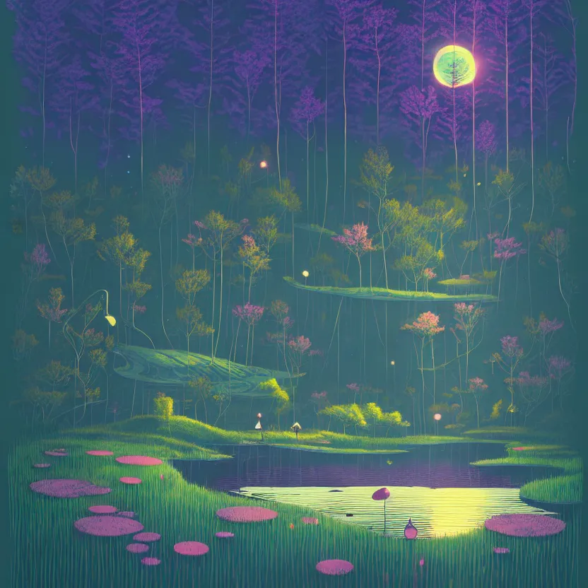 Image similar to ( ( ( gediminas pranckevicius ) ) ), a pond in the forest, moonlight, flower garden summer morning, very coherent and colorful high contrast art by simon stalenhag james gilleard floralpunk screen printing woodblock, dark shadows, pastel color, hard lighting