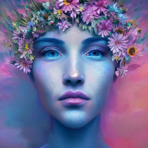 Image similar to a beautiful oil painting hyperrealism of a beautiful woman, flowers, floral headdress, 8 k resolution, octane render, trending on artstation, by gediminas pranckevicius, volumetric light 2 blue fractal thunder glow by dan mumford, anaglyph effect, laurie lipton