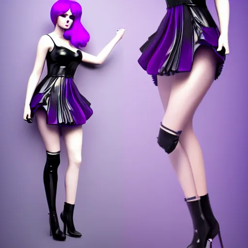 Prompt: a curvy feminine pale goth cutie in an elaborate purple-darkgrey latex-leather pleated tube dress, with a thin waist, cgsociety, photorealistic, sublime-comfy-elegant ambience, 16k, smooth, sharp focus, trending on ArtStation, volumetric lighting, fully clothed, worksafe