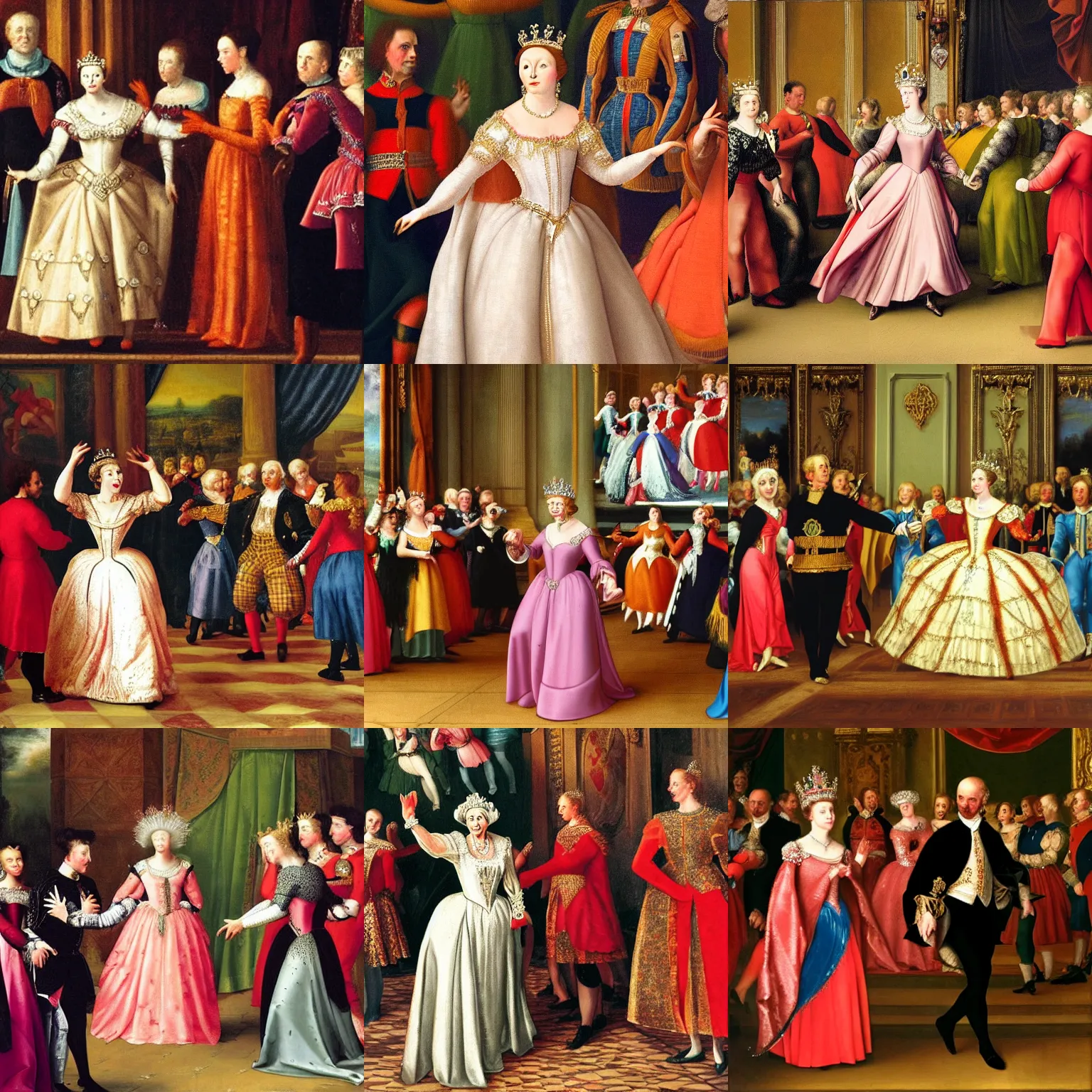 Prompt: queen elizabeth dancing at a disco concert renaissance painting