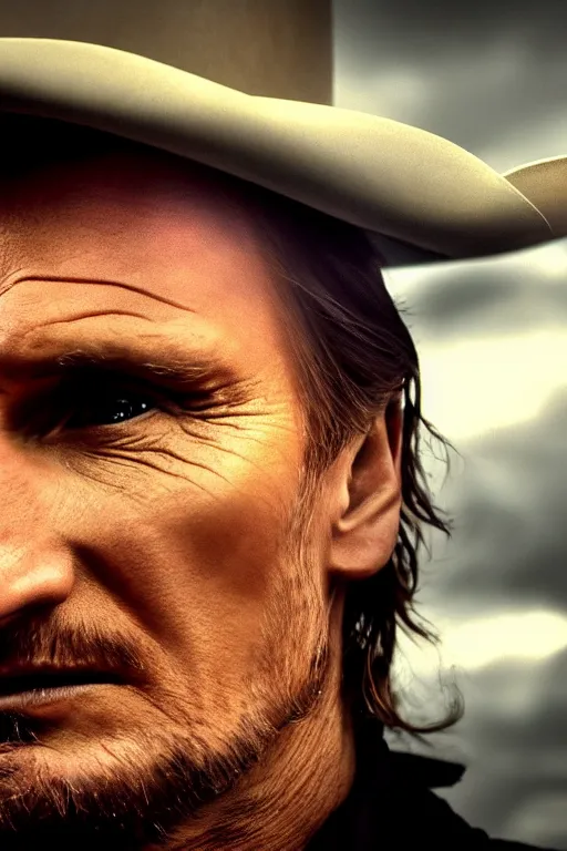 Image similar to cinematic of liam neeson cowboy, dramatic, moody lighting