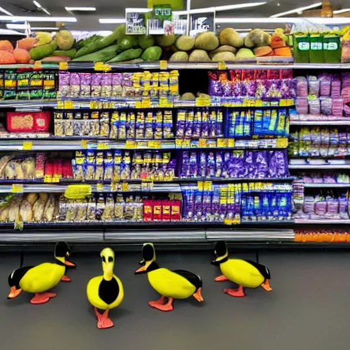 Prompt: Large ducks queuing at the checkout of a supermarket